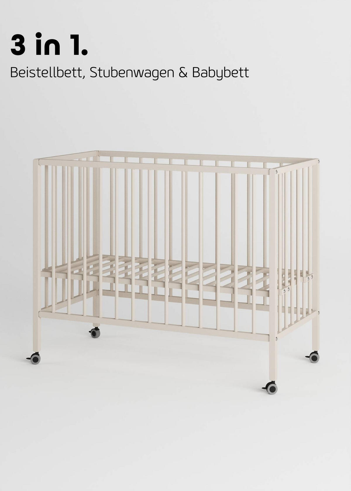 BEISTELLBETT mit Rollen und Umbauseite - sahara dust - Dreamy 4 in 1 Bett - Sandfarben, Holz (120/90/60cm) - Sämann – make a difference.