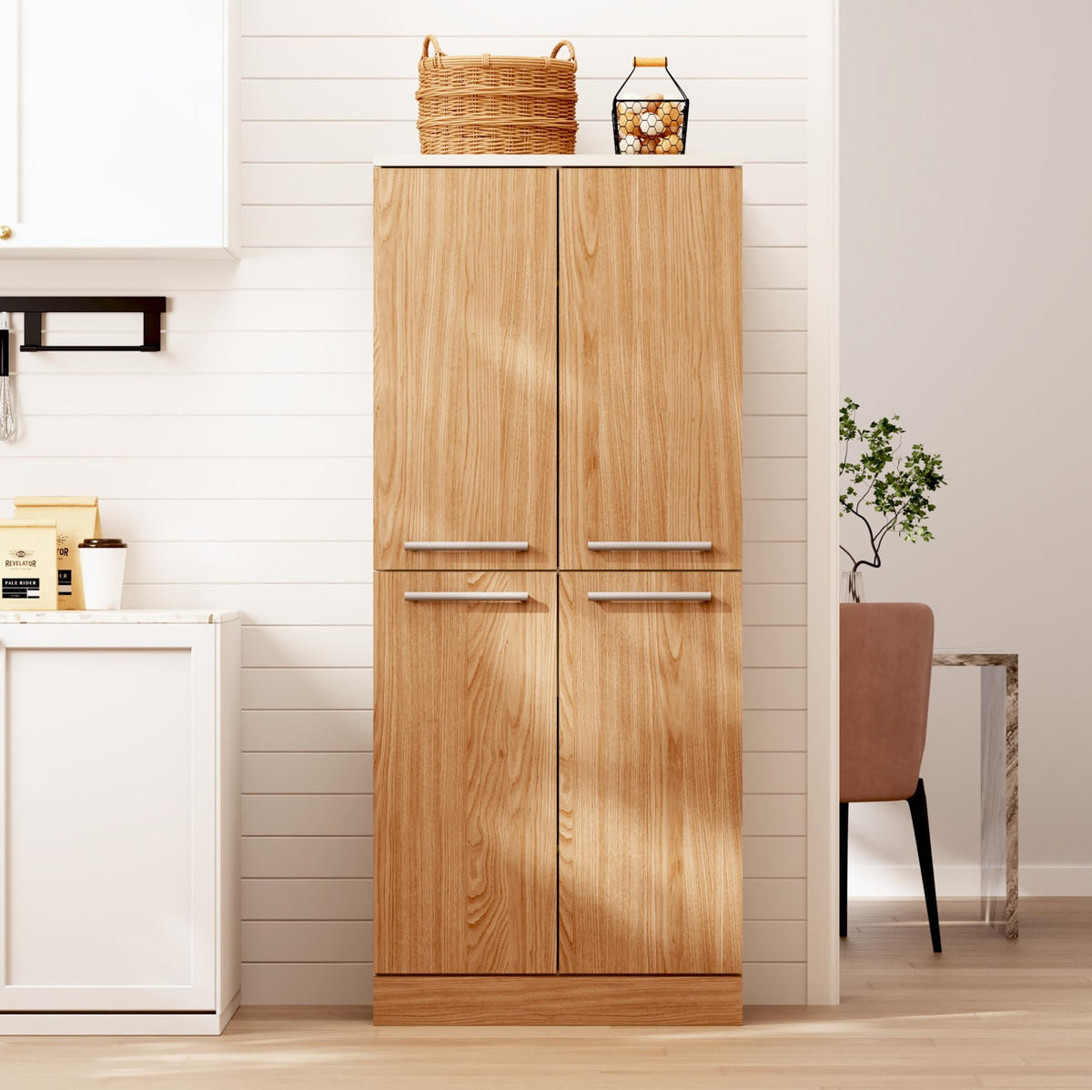 BUFFET 76/42/180 cm in Weiß/Eichefarben mit 4 Türen - Weiß, Holzwerkstoff (76/180/42cm) - Flora Grace