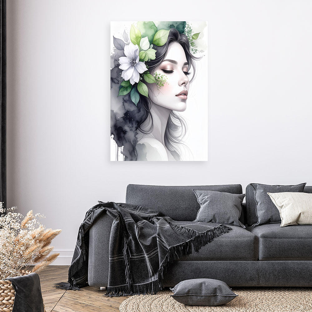 LEINWANDBILD Frau mit grünen Blumen auf dem Kopf 60x90cm - Grau, Textil (60/90cm) - Feeby