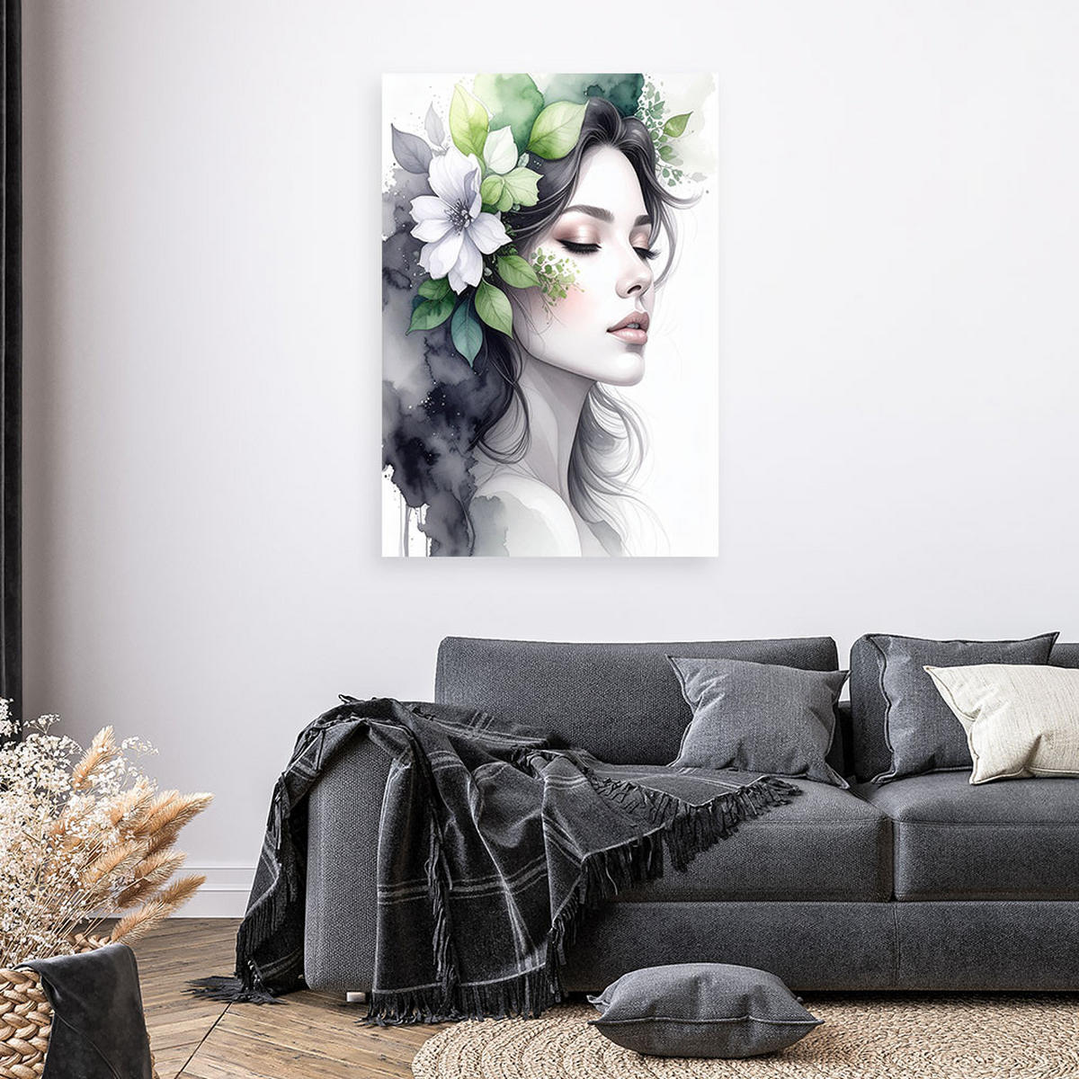 LEINWANDBILD Frau mit grünen Blumen auf dem Kopf 60x90cm - Grau, Textil (60/90cm) - Feeby