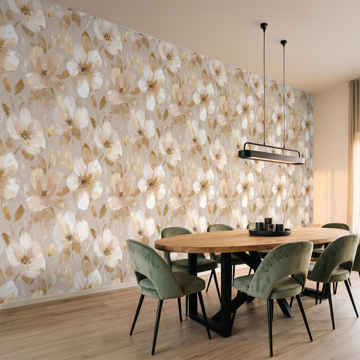 TAPETE - Blumen - künstlerisch - Gold - 500x200 cm - Beige, Papier (500/200cm) - OnlyWow