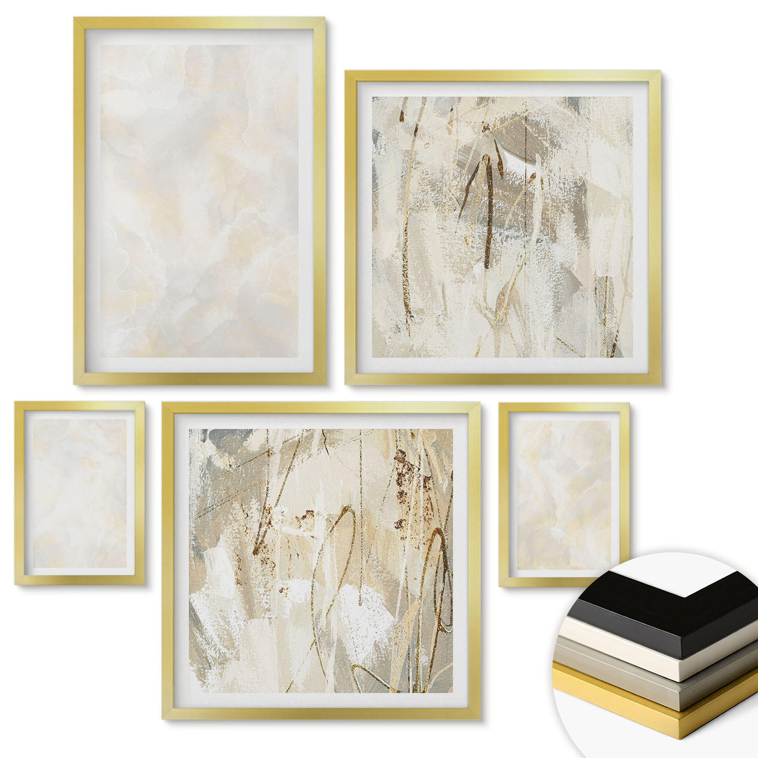 WANDBILDER 5er Set - 50x50 cm & 20x30 cm & 40x60 cm Goldrahmen - Helles Strukturfarbendesign - Goldfarben, Kunststoff (40/60cm) - ArtPrintCave