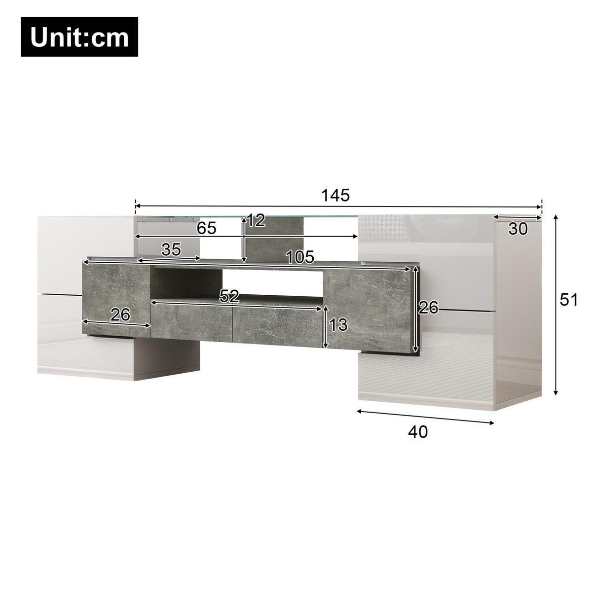 LOWBOARD 145/30/51 cm in Weiß/Beton aus MDF mit LED-Beleuchtung - Weiß, Holzwerkstoff (30/51/145cm) - OKMYHOME
