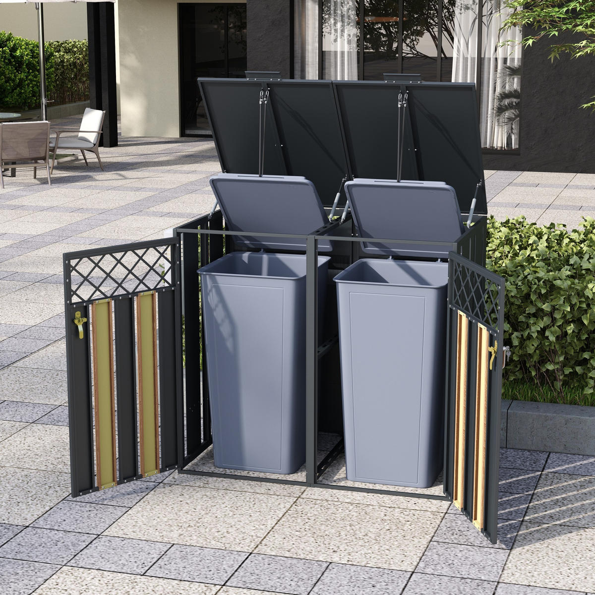 MÜLLTONNENBOX Klappdeckel 2 Türen Lüftung - Grau, Metall (132/118.5/80cm) - LEBENLANG