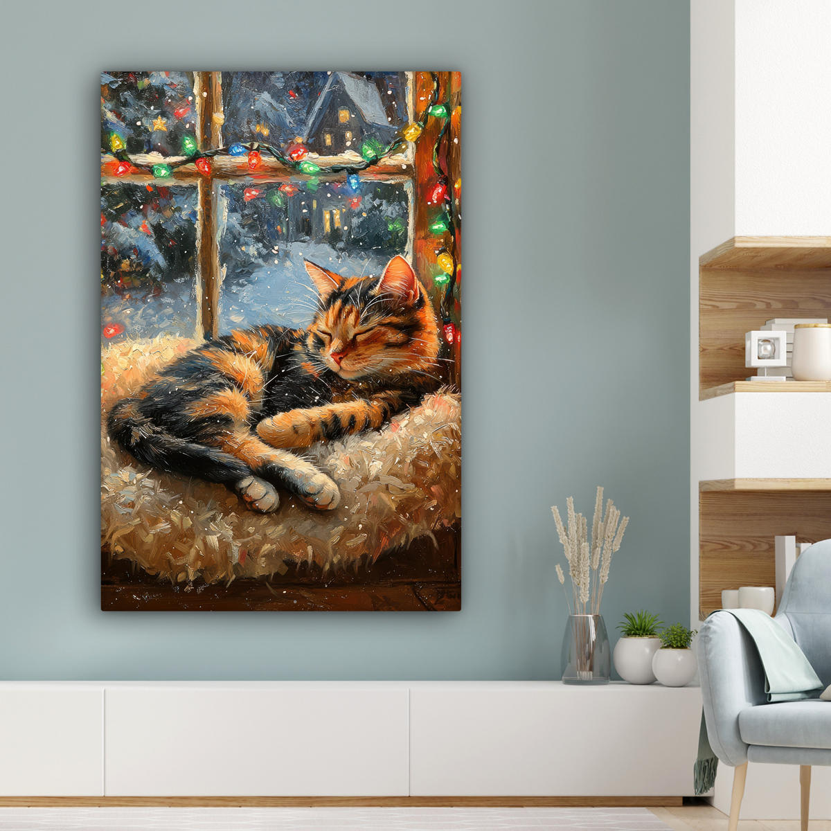 LEINWANDBILD Katze - Weihnachten - Winter - Tier Deko Groß 90x140 cm - Bernsteinfarben, Textil (90/140cm) - MuchoWow