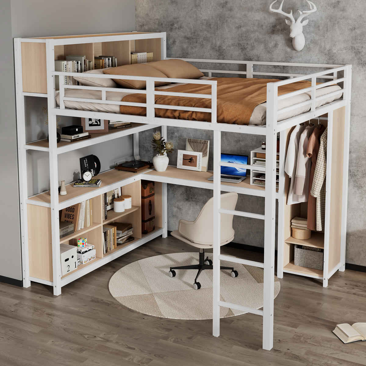HOCHBETT 140/200 cm in Weiß & Natur mit Kleiderschrank, Stauraum und Schreibtisch - Weiß, Holzwerkstoff/Metall (140/200cm) - CHICFURN