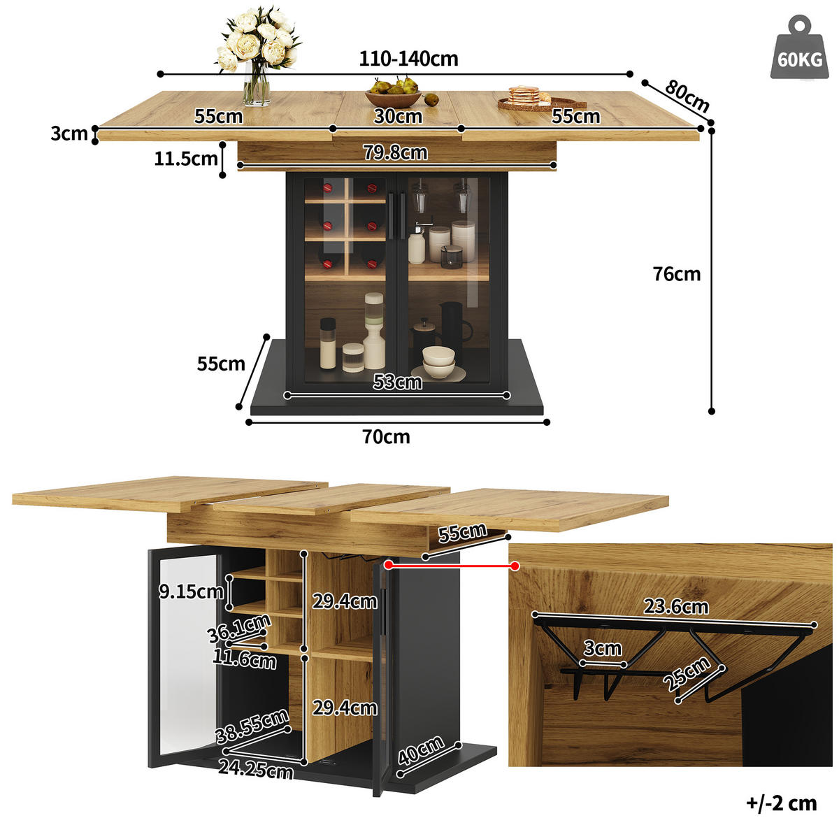 ESSTISCH Teleskop 110-140x80Cm 4-6 Personen Stauraum - Schwarz, Holzwerkstoff (80/110/76cm) - FLIEKS