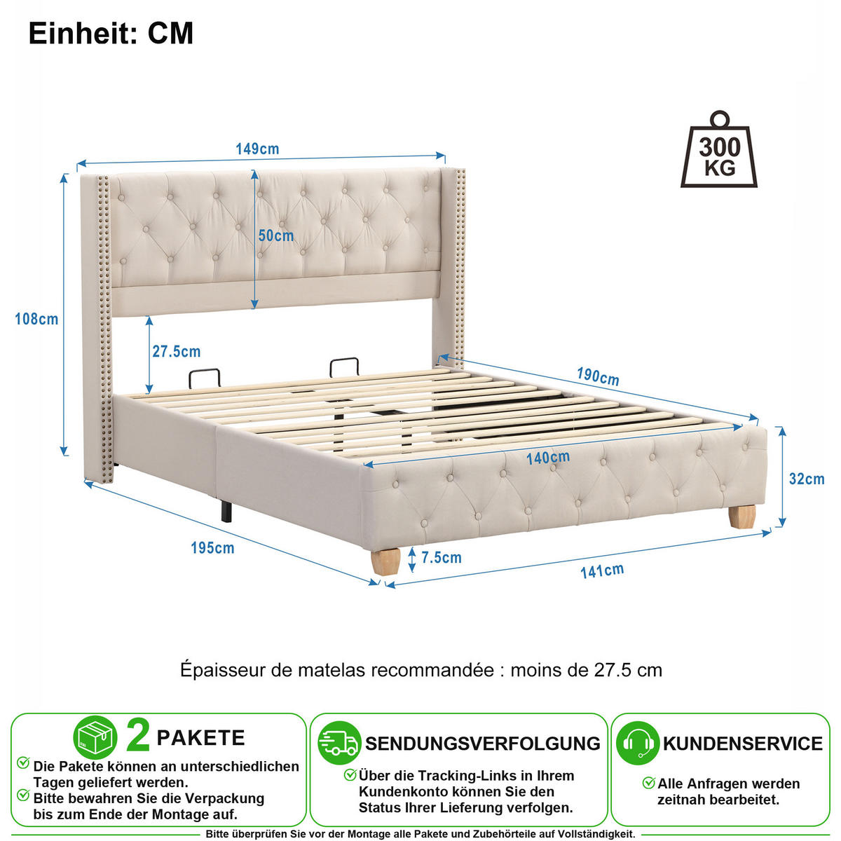 POLSTERBETT 140/190 cm in Beige Leinen mit Knopfheftung und Nieten - Beige, Holzwerkstoff/Textil (140/190cm) - CHICFURN