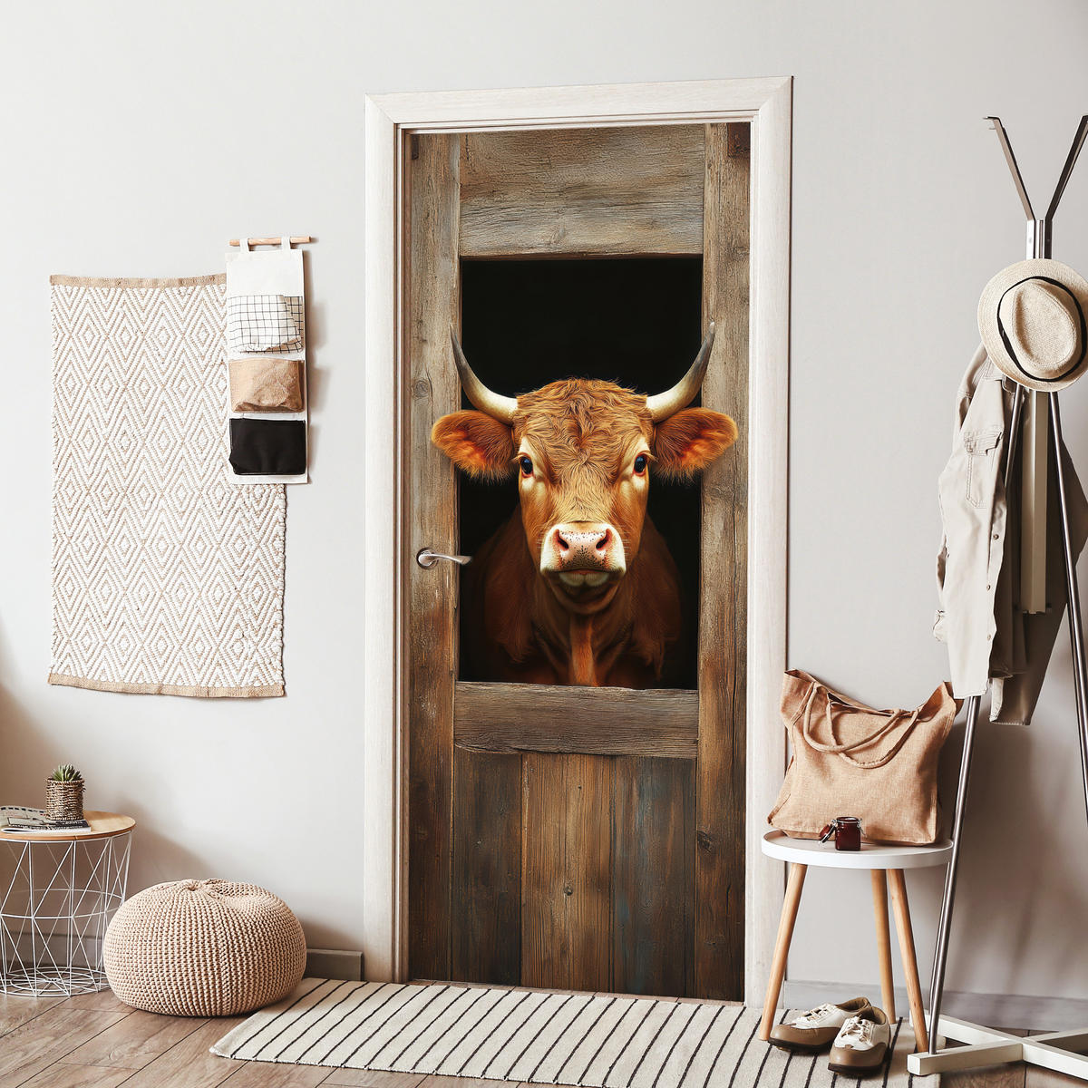 FOTOTAPETE Tür - Kuh - Fenster - Holz - Tiere 95x215 cm - Wengefarben, Kunststoff (95/0.1cm) - MuchoWow