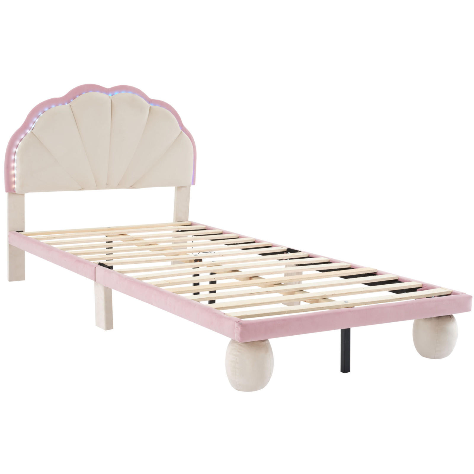 POLSTERBETT 90/200 cm, Beige/Rosa, Samt, LED, Wellen-Kopfteil - Multicolor, Holz (90/200cm) - SHOPENTRA