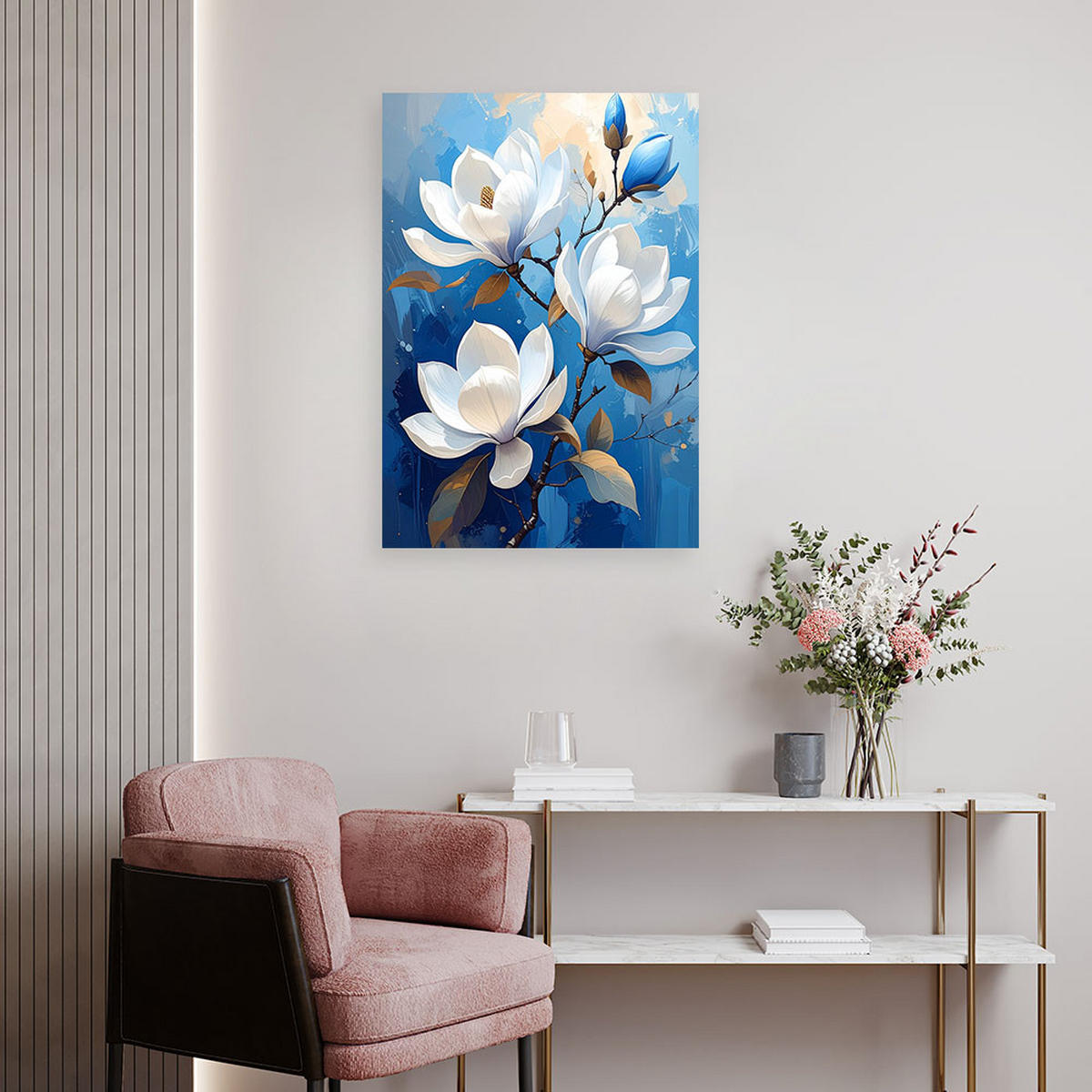LEINWANDBILD, Weiße Magnolien auf blauem Hintergrund in einem eleganten Stil - Blau, Textil (40/60cm) - Feeby