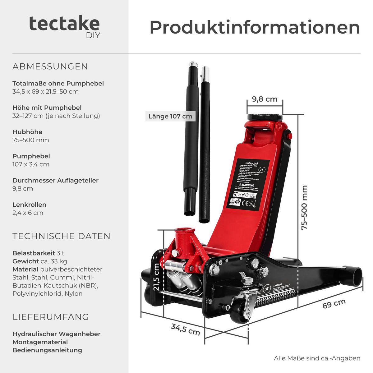 HYDRAULISCHER WAGENHEBER Jack, drehbarer Auflageteller mit Gummierung und Noppen, schwarz/rot - Rot/Schwarz, Metall (69/34.5/50cm) - tectake
