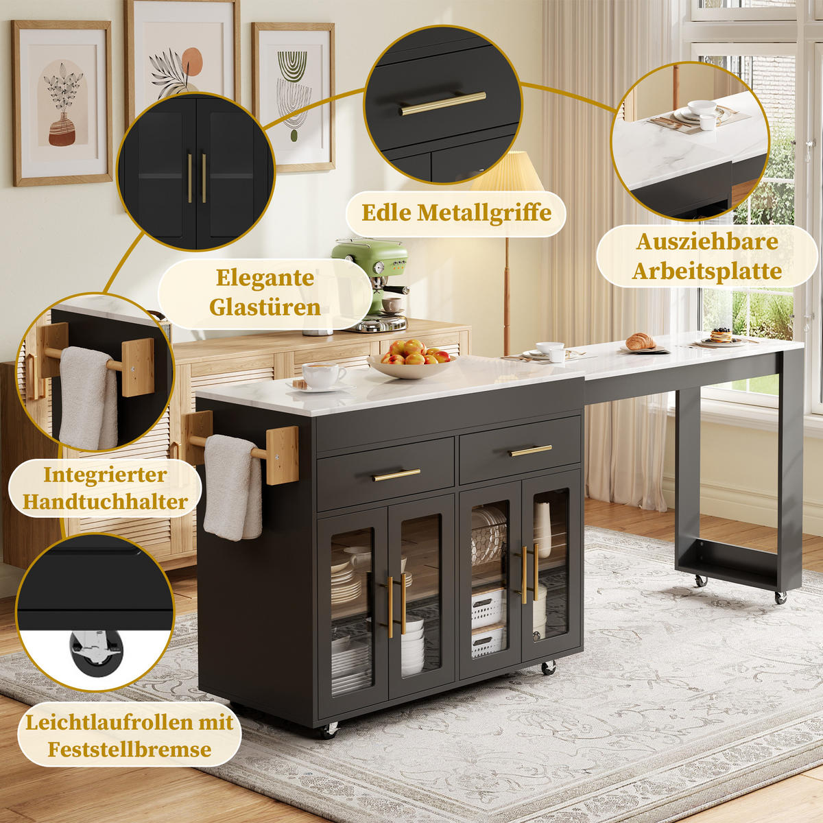 KUCHYŇSKÝ OSTROV v bílé a černé barvě s kolečky a rozkládací deskou do jídelny, Š132,5–217/H50/V93 cm - černá, kov/kompozitní dřevo (217/93/50cm) - STILVORA
