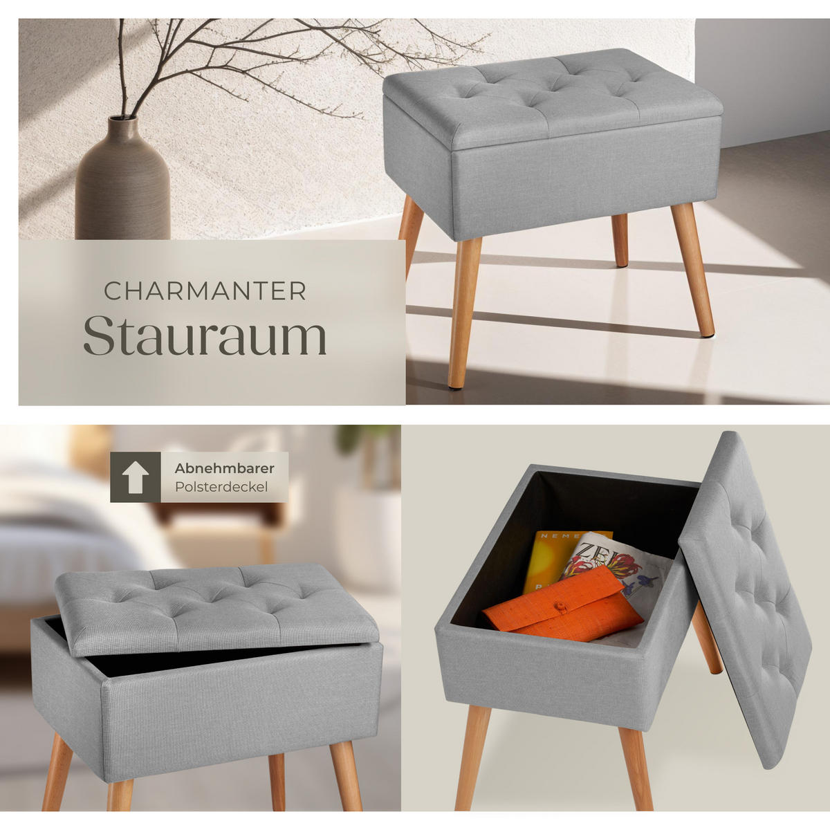 SITZBANK Ranya,51 x 37,5 x 45,5 cm,hellgrau - Hellgrau, Holz (37.5/45.5/51cm) - tectake