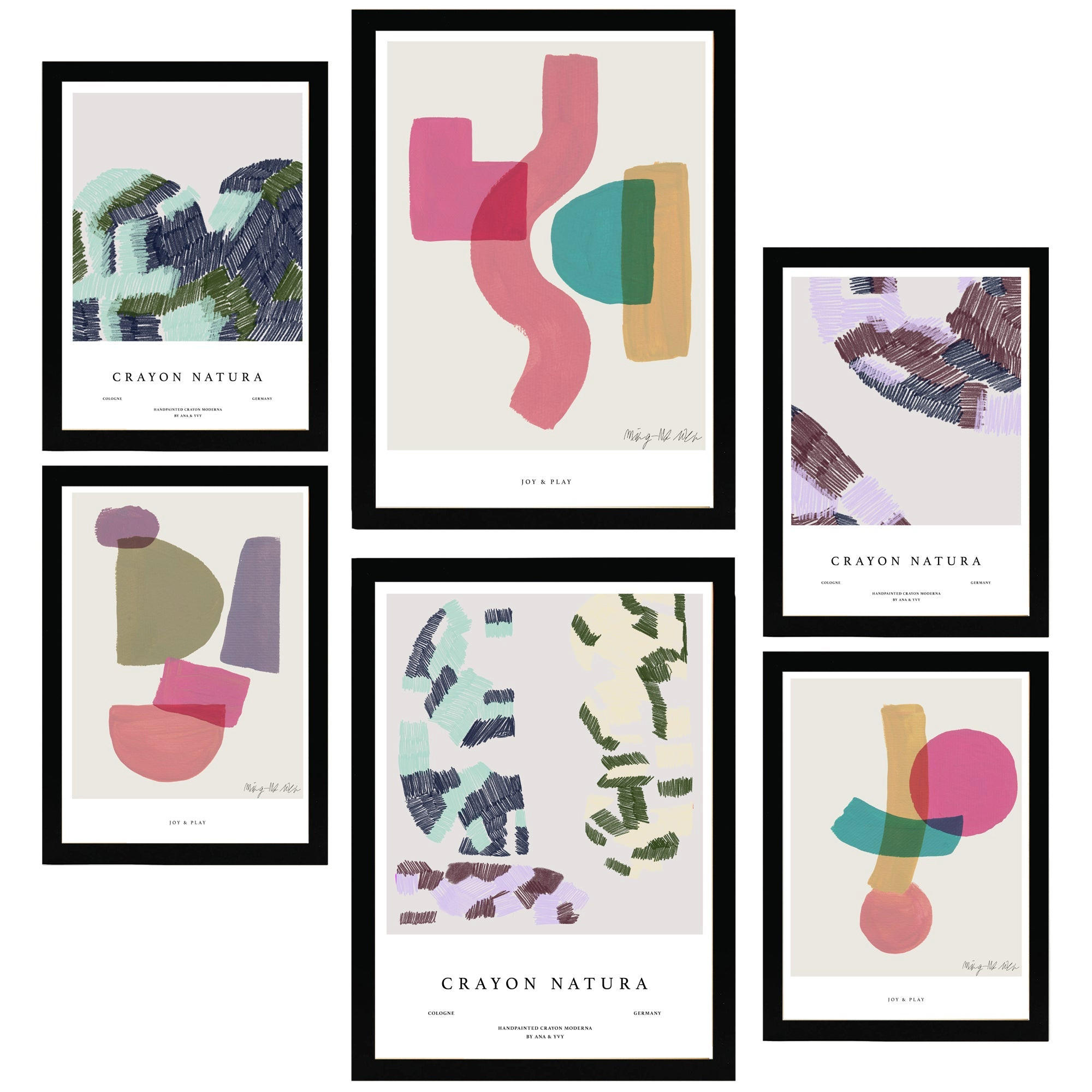 POSTER Set Mit 6 Abstrakte Kunst In Rosa Lila & Grüntönen A3 & A4 Schwarzer Rahmen - Schwarz, Papier (29/3cm) - Nacnic