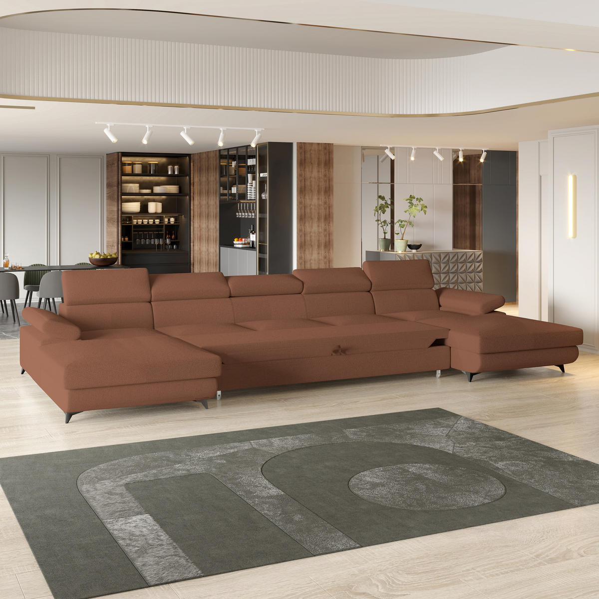 WOHNLANDSCHAFT VIVENTE Kupferfarben Boucle-Stoff mit Schlaffunktion - Kupferfarben, Holz (410/89/190cm) - MASSENO