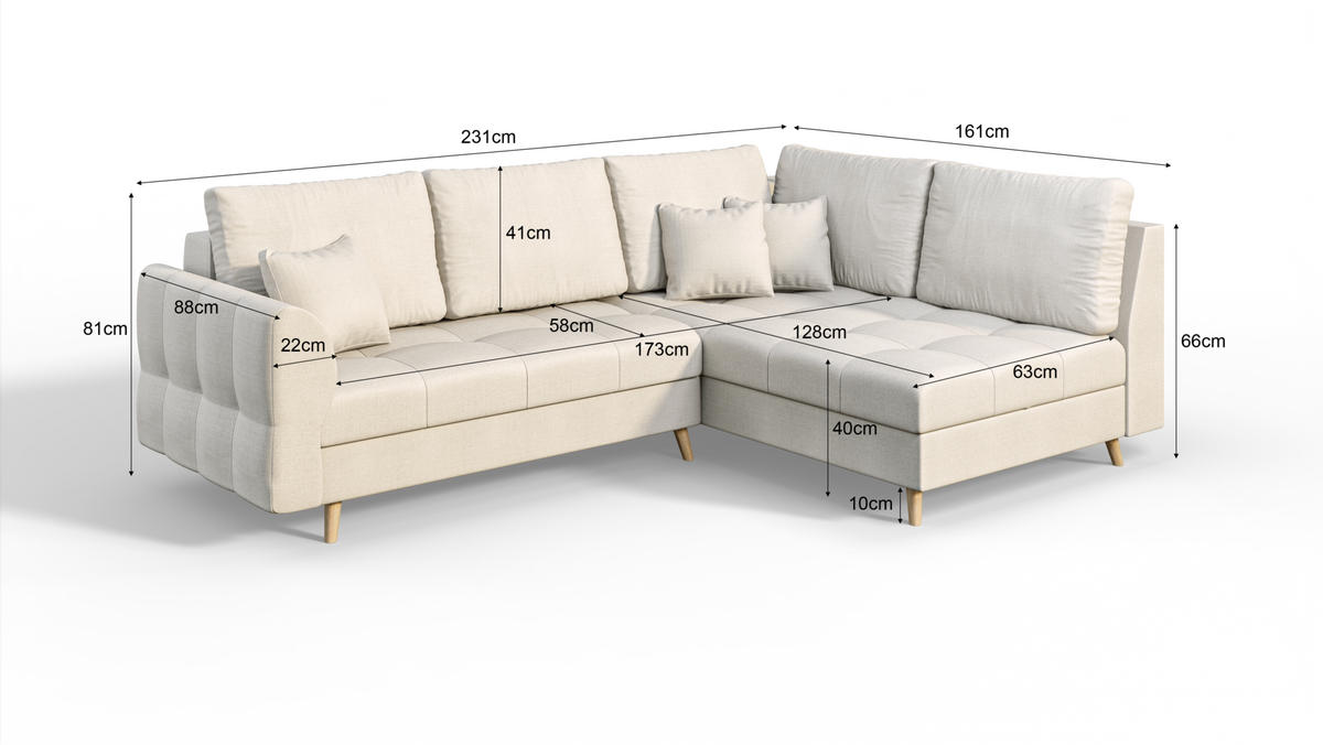 ECKSOFA Lorine Mikrofaser Ecru - Ecru/Hellbraun, Buchenholz/Textil (231/161cm) - S-Style Möbel