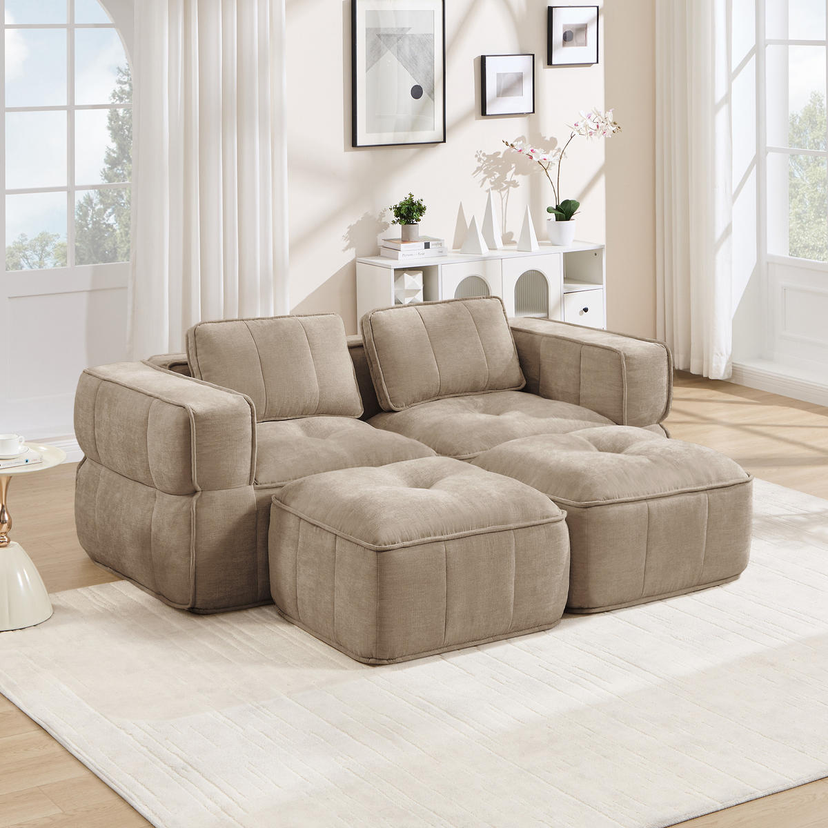 2-SITZER-SOFA DE-34428 modular mit 2 Hockern Sand - Sandfarben, Textil (162/67/198cm) - ComfortXL