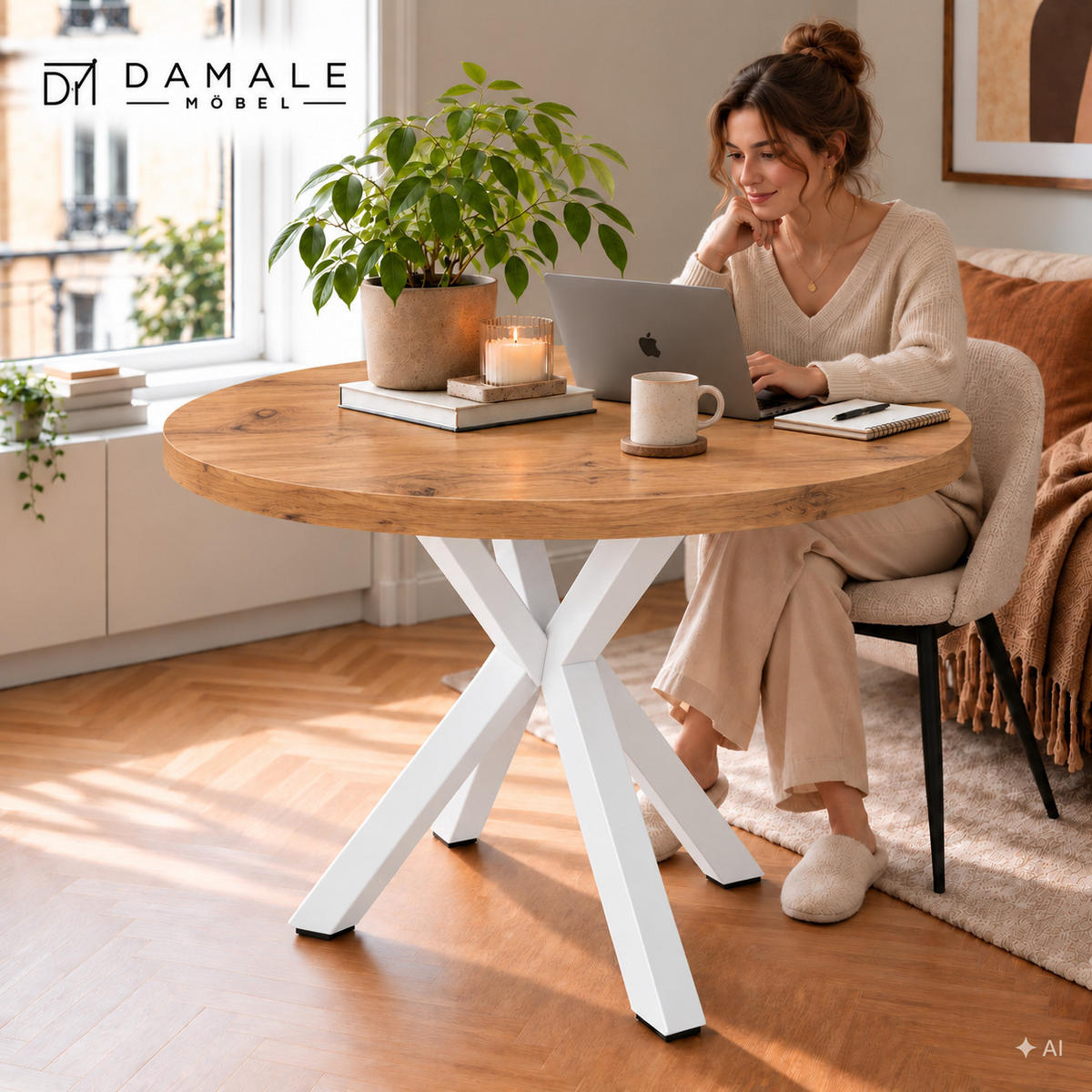ESSTISCH rund ausziehbar 100/200/76 cm, Eiche Craft, 54 cm Tischplatte + Metall weiß - Honigeiche, Holzwerkstoff/Metall (100/200/76cm) - Damale Möbel