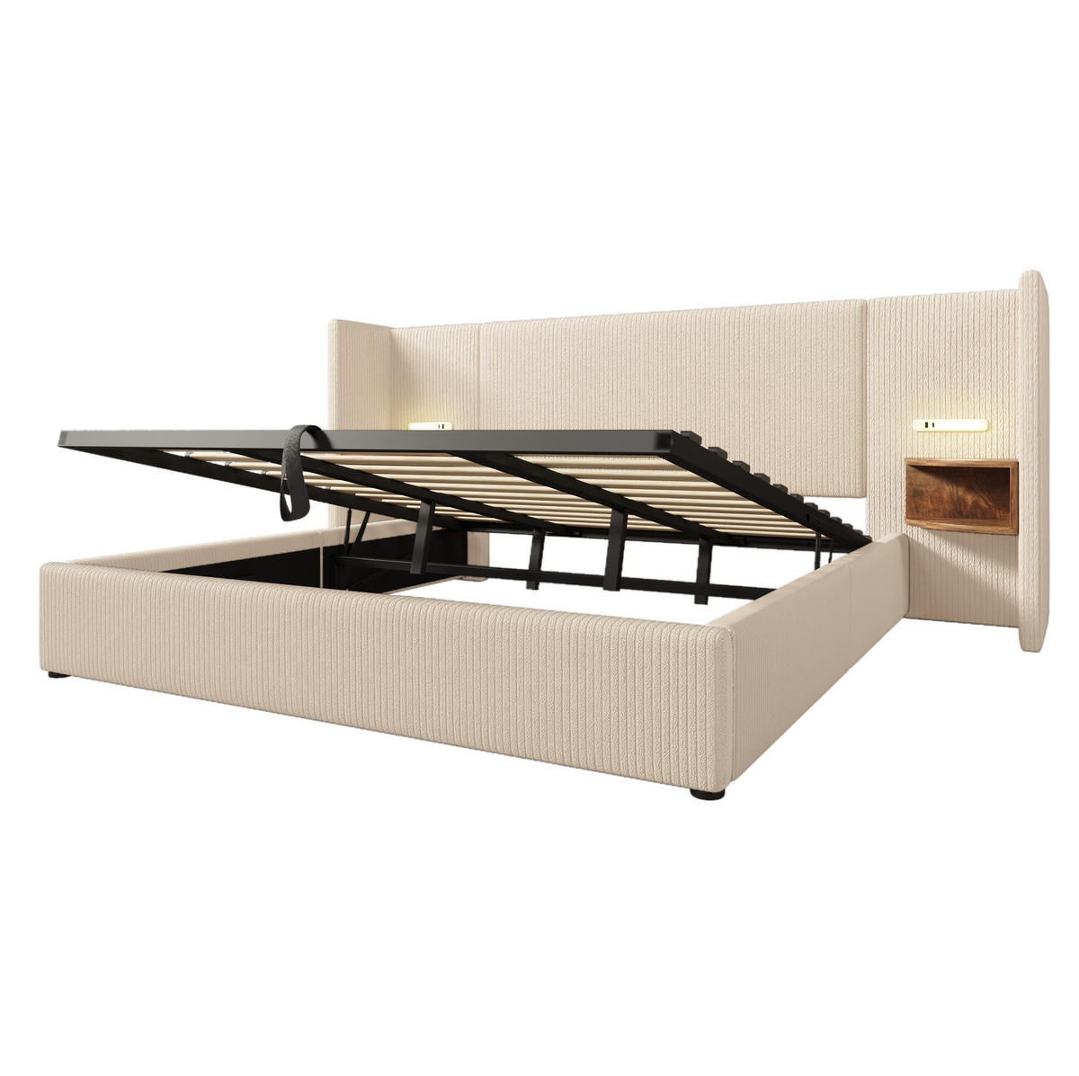 ČALÚNENÁ posteľ 180/200 cm béžovo-biela s úložným priestorom, USB, Type-C a lampou z manšestrovej látky - krémová, textil (180/200cm) - OKWISH