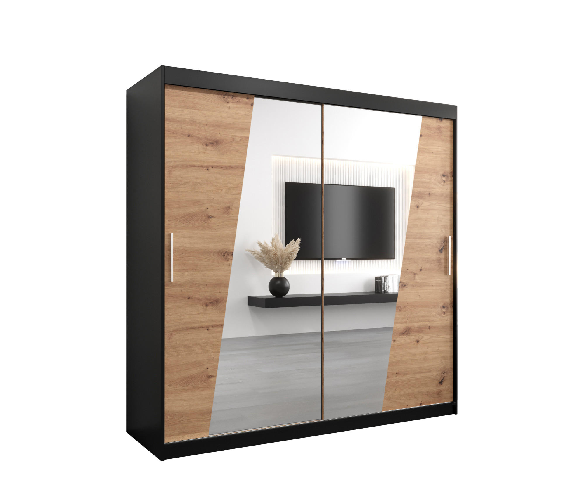 Abiks Möbel Schwebetürenschrank Schwarz, Eiche Artisan 200x200x62 cm
