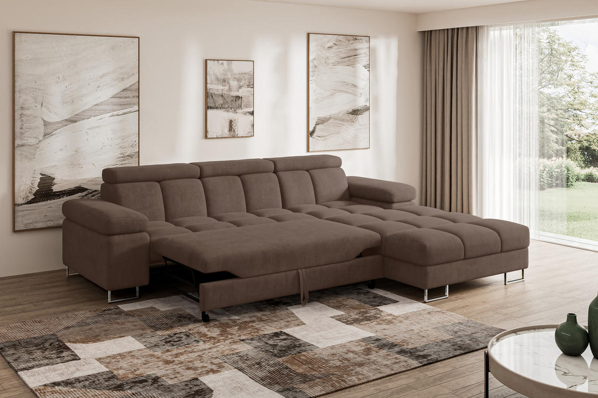 ECKSOFA mit Schlaffunktion Ottomane Rechts COMA L 271x203x79 Braun Velours - Braun, Holzwerkstoff/Textil (203/271cm) - ALTDECOR