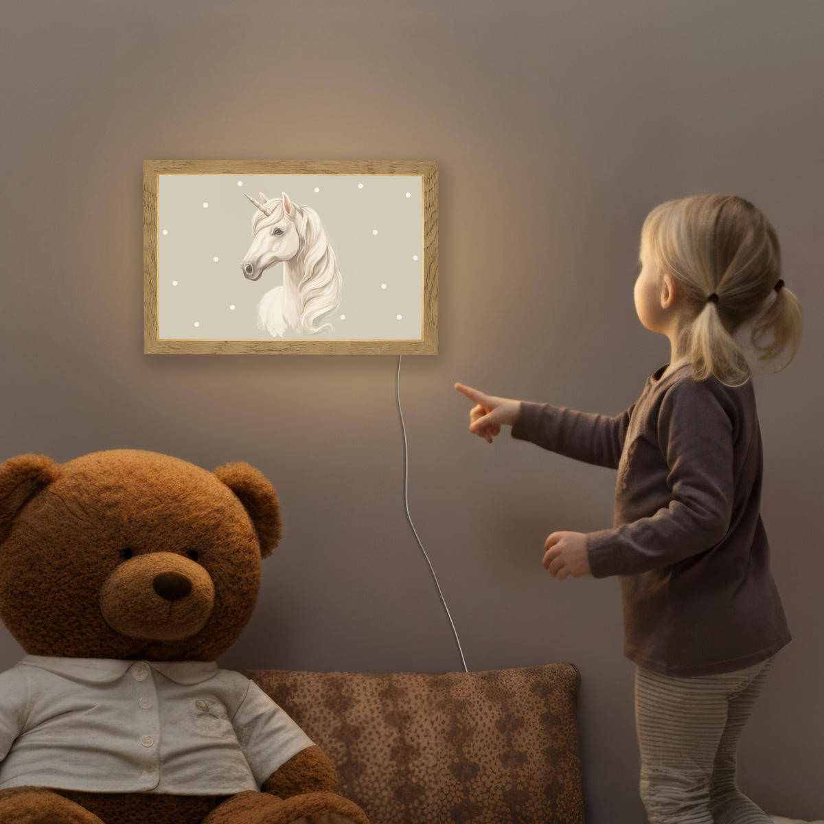 NACHTTISCHLAMPE Einhorn - Weiß - Punkte 30x20 cm - Taupe, Holzwerkstoff (8/30/20cm)