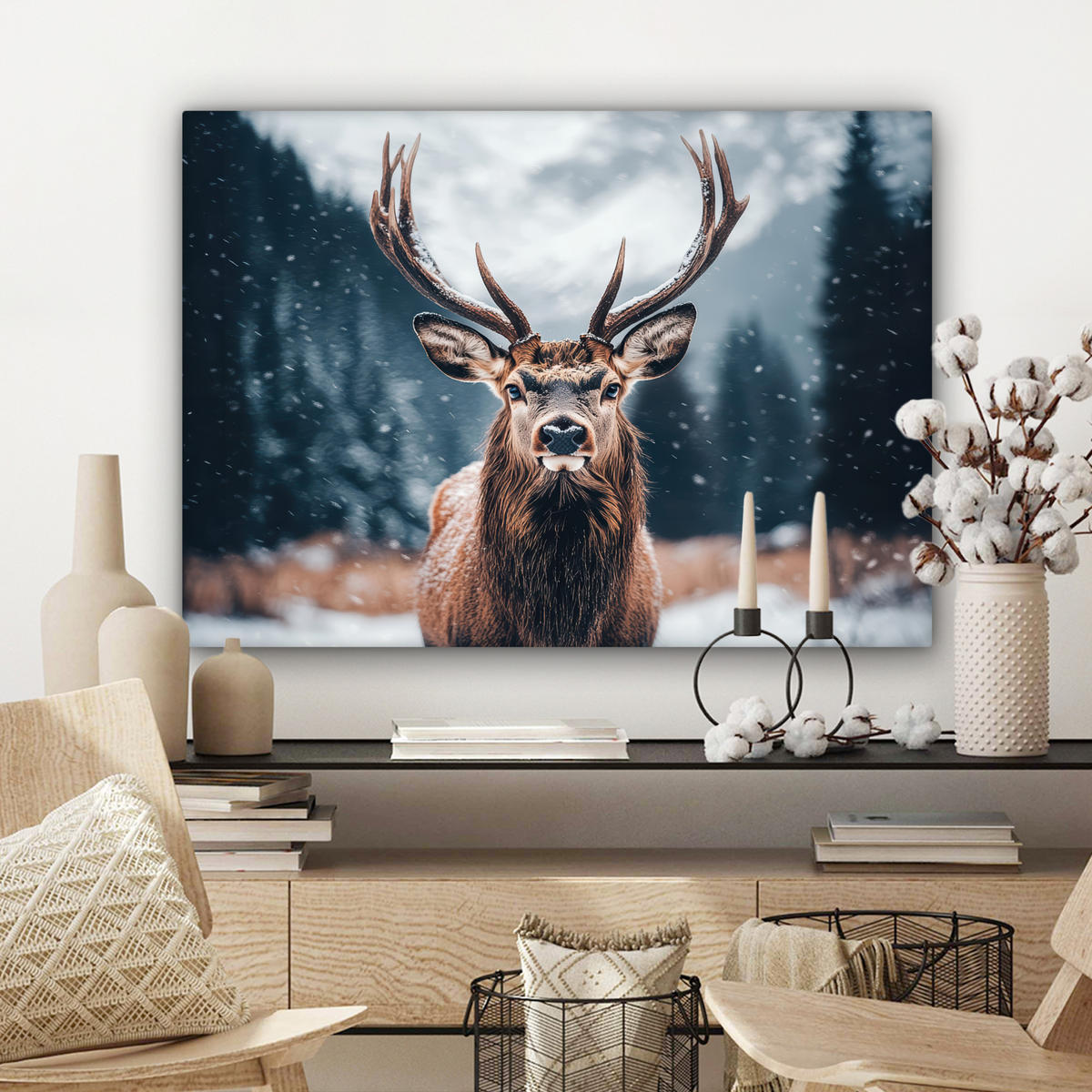 LEINWANDBILD Hirsche - Tiere - Landschaft - Winter - Schnee Wandbilder 80x60 cm - Kastanienfarben, Textil (80/60cm) - MuchoWow