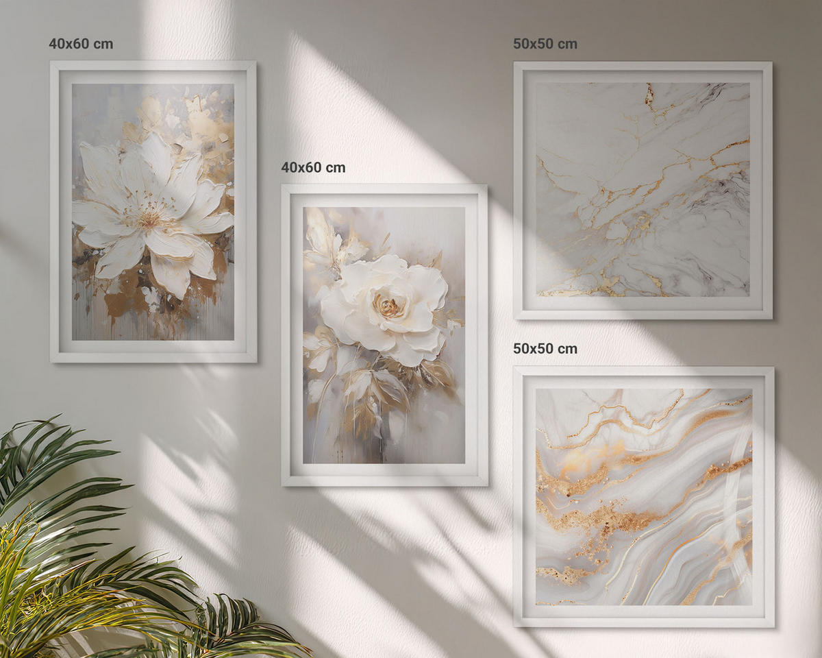 WANDBILDER 4er-Set - 50x50 cm & 40x60 cm Weißer Rahmen - Blumen, heller Hintergrund, Marmormuster - Weiß, Kunststoff (50/50cm) - ArtPrintCave