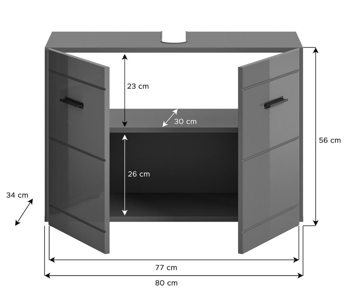 WASCHBECKENUNTERSCHRANK grau Hochglanz 80 cm mit Soft-Close - Schwarz/Grau, Holzwerkstoff/Kunststoff (80/56/34cm)