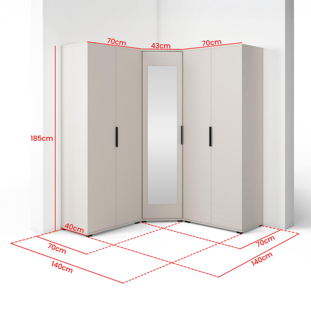 GARDEROBE Napoli Version 9, Kleiderschrank mit Spiegel - Beige, Holzwerkstoff (140/185/140cm) - Jerpax
