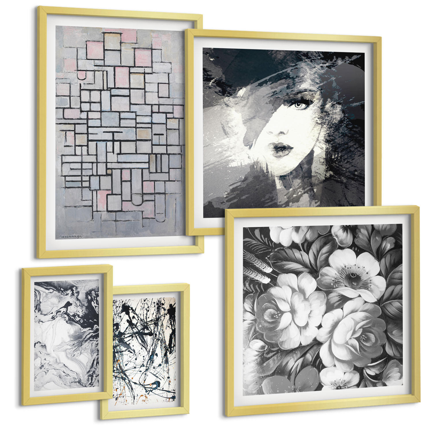 BILDER SET 5er Set - 50x50 cm & 20x30 cm & 40x60 cm Goldrahmen - Abstrakte schwarz-weiße Muster - Goldfarben, Kunststoff (40/60cm) - TULUP