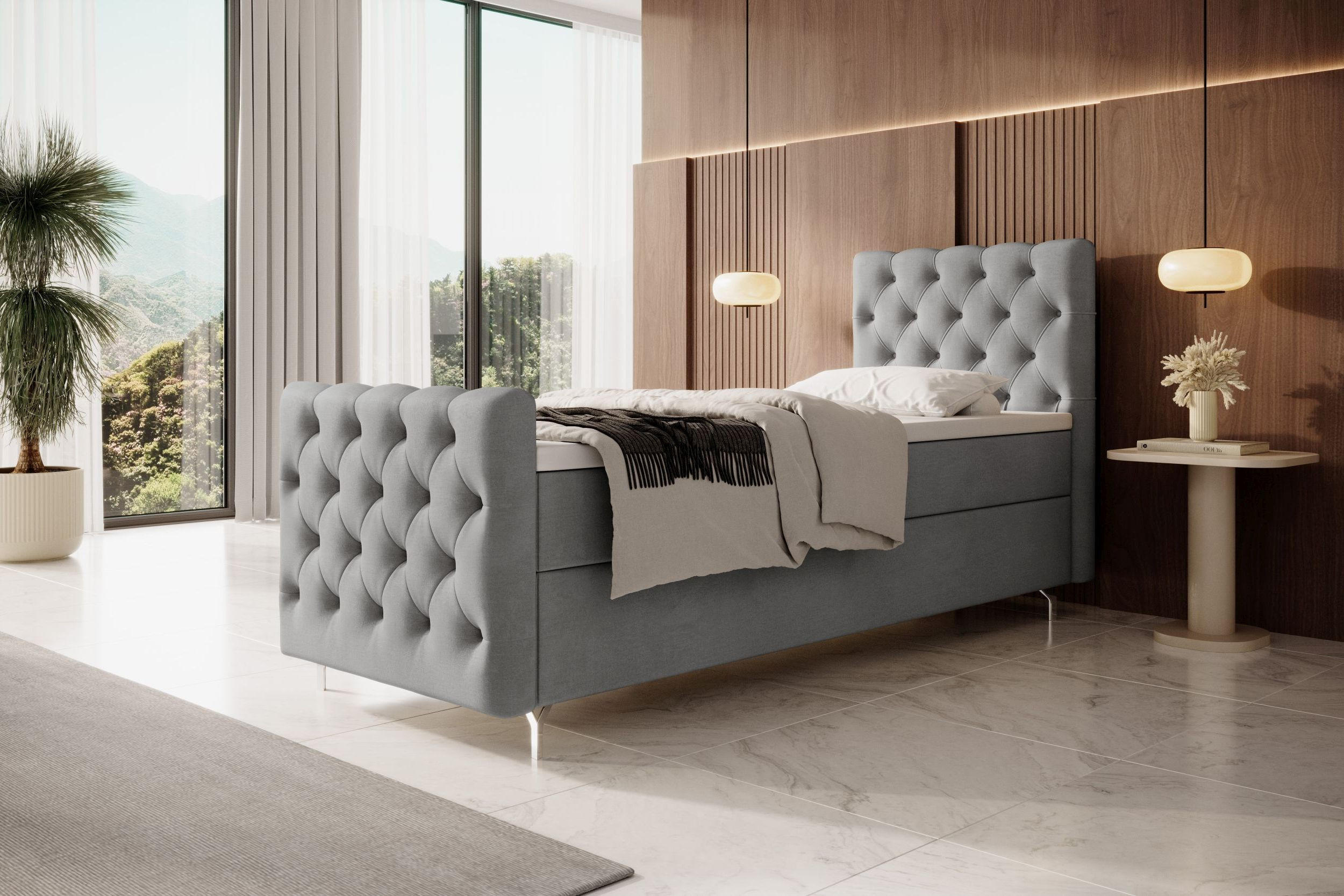BOXBETT CHESTER PLUS mit Matratze H3, Bonell und Topper 80x200 Monolith 84 Links - Hellgrau, Textil (80/200cm) - Bedante