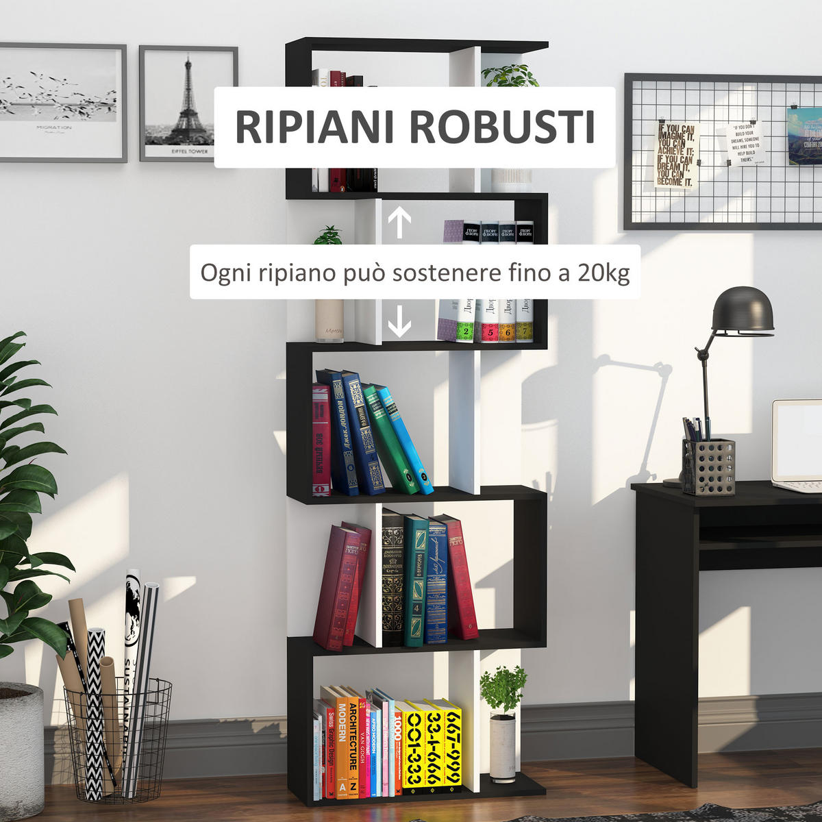 BÜCHERREGAL,5-STÖCKIG Trennwand 60x24x184,5cm,schwarz-weiß - Schwarz, Holzwerkstoff (60/184.5/24cm) - Vallsero