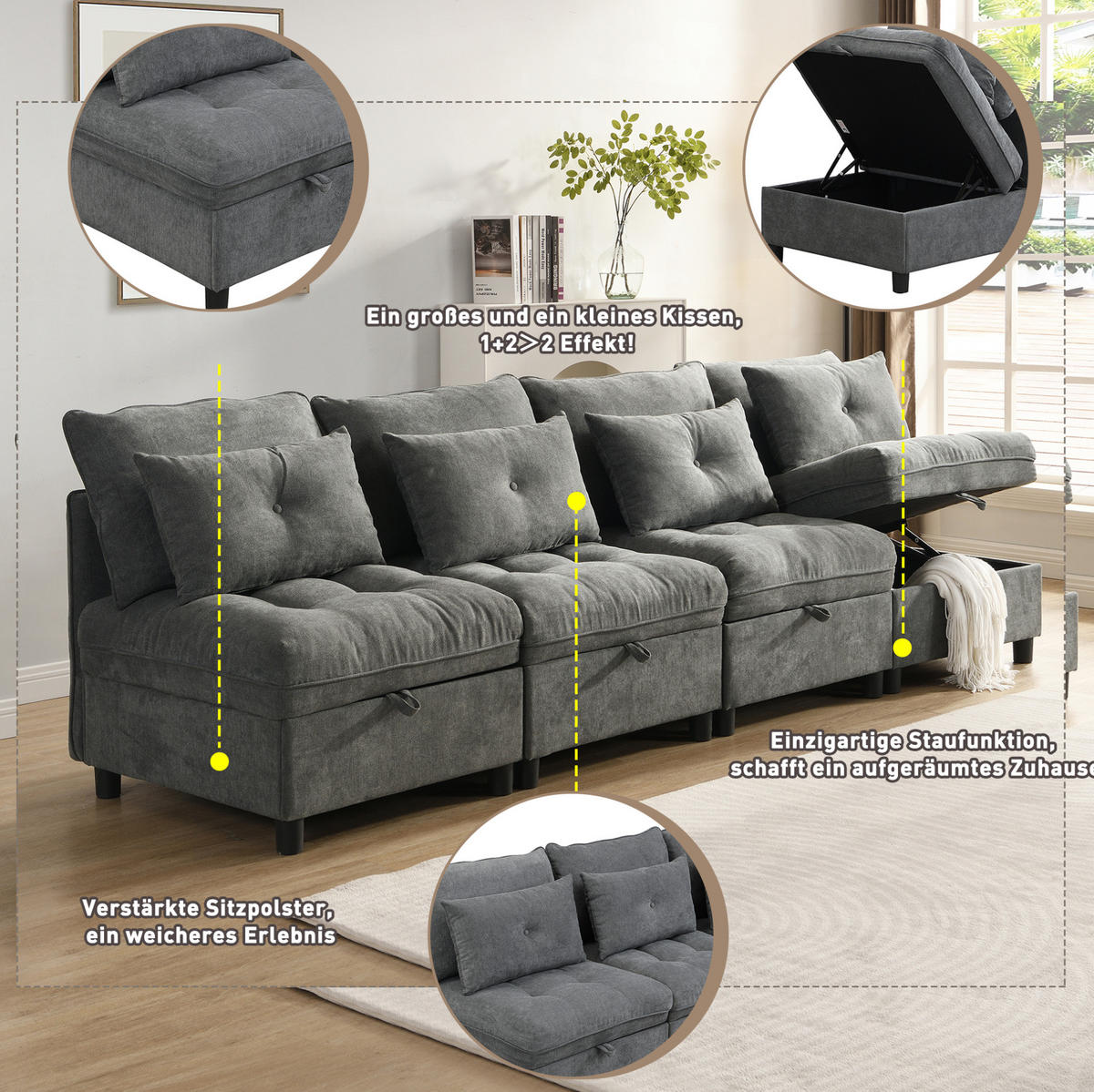 SOFA Chenille mit Stauraum und Schlaffunktion Antik Grau 274/76/87 cm - Alteiche, Textil (274/87/76cm) - Redom