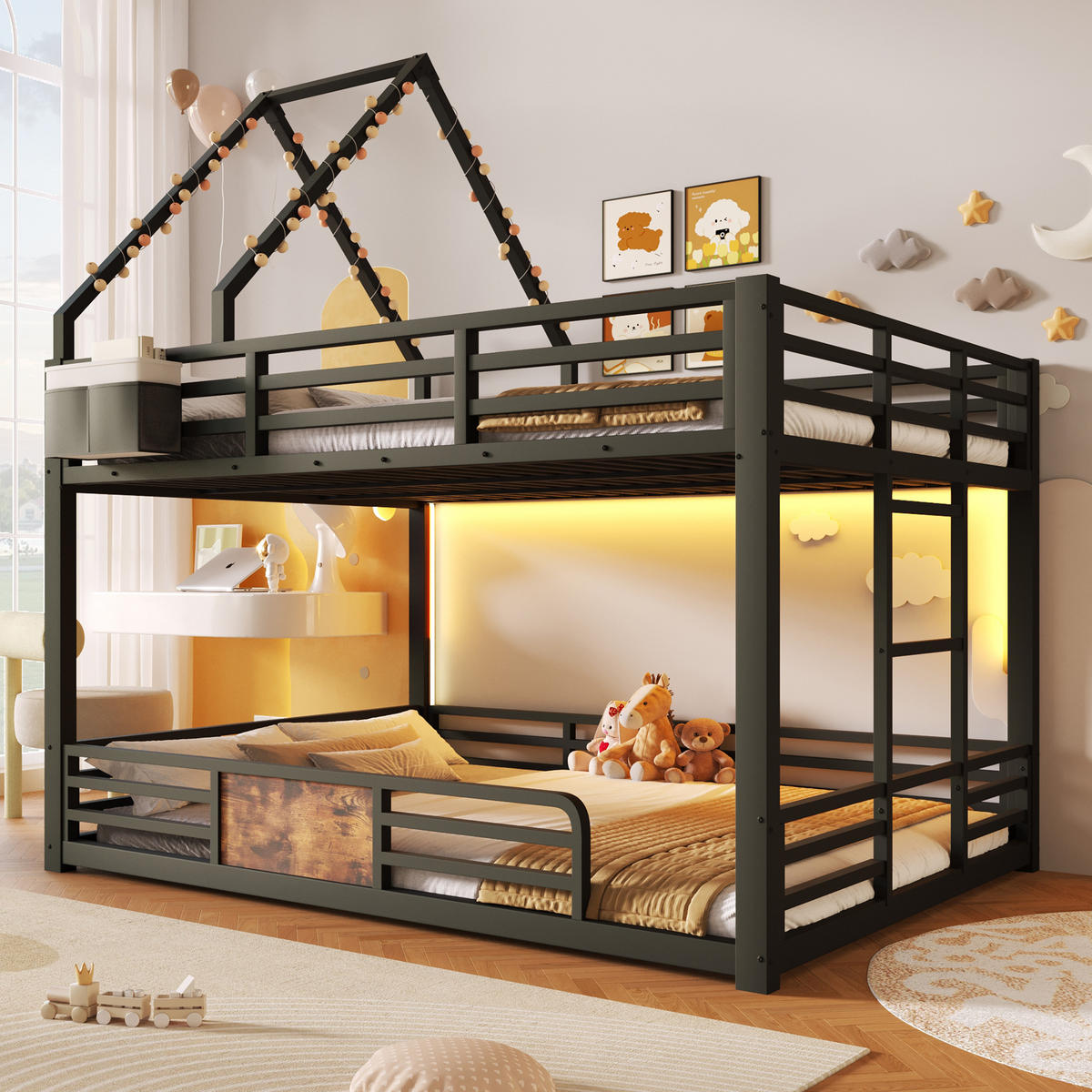 ETAGENBETT 140x200 cm mit LED-Beleuchtung, Hausbett-Design- Schwarz - Schwarz, Metall (140/200cm) - KOMHTOM