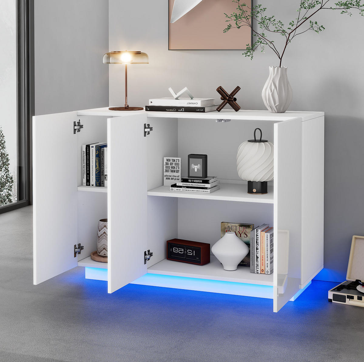 SIDEBOARD 120/40/75 cm s LED osvetlením, diaľkovým ovládaním a výklopnými dvierkami, Biela - biela/biela s vysokým leskom, kompozitné drevo (120/75/40cm) - Redom