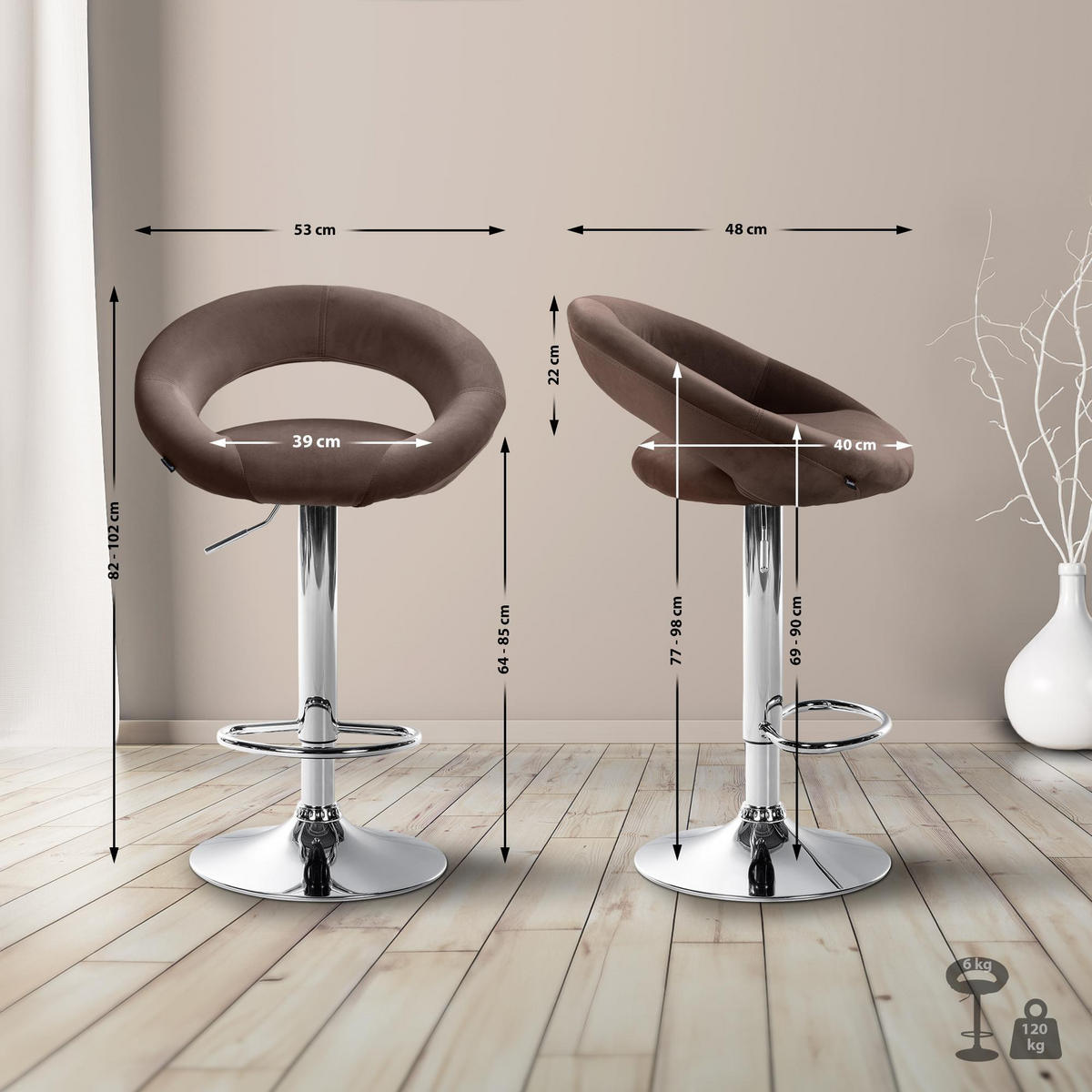 BARHOCKER Samt braun - Chromfarben/Braun, Textil/Metall (53/80/47cm) - CLP