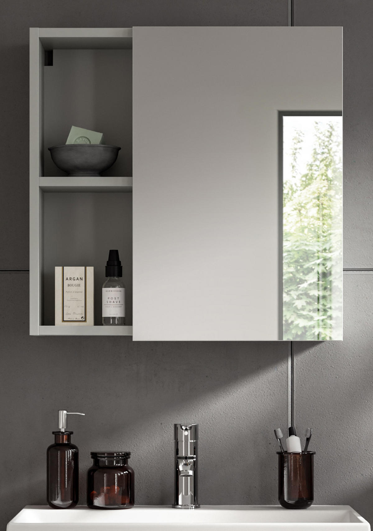 SPIEGELSCHRANK grau 55 cm, Badschrank mit Soft-Close - Grau, Glas/Holzwerkstoff (55/55/17cm) - Inn.Furn