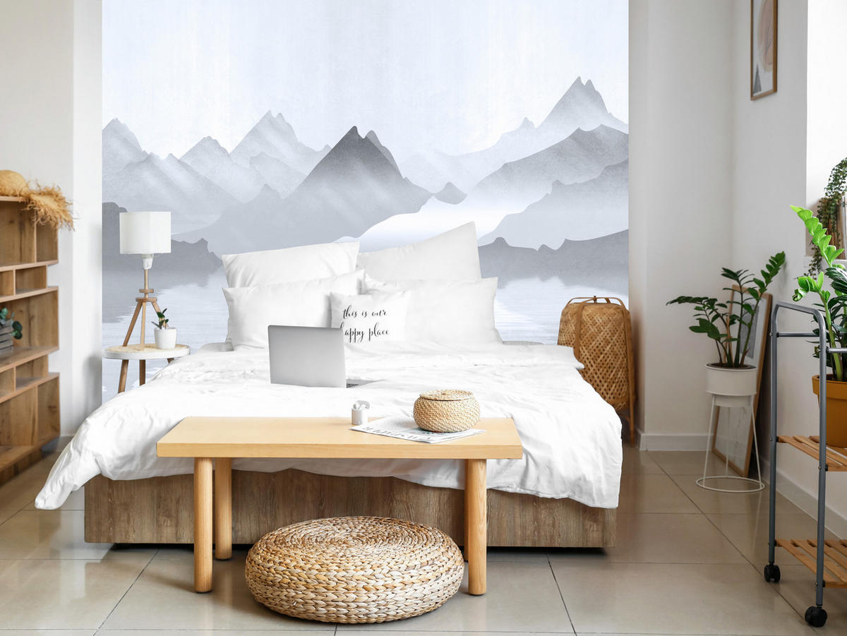 FOTOTAPETE für Wohnzimmer Aquarell Graue Berge See 400x280 - Weiß/Grau, Papier (400/280cm) - Muralo