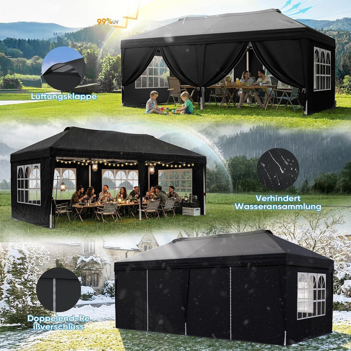 FALTPAVILLON 3x6m mit Seitenwänden Schwarz Metall - Schwarz, Metall (585/285/293cm)