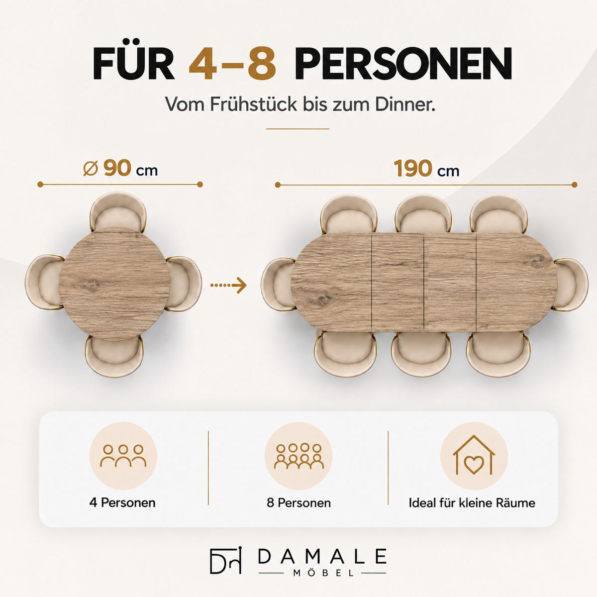 ESSTISCH rund ausziehbar 100-200/100/76 cm, Halifax Egger, 54 cm Tischplatte + Metall weiß - Eichefarben/Graubraun, Holzwerkstoff/Metall (100/200/76cm) - Damale Möbel