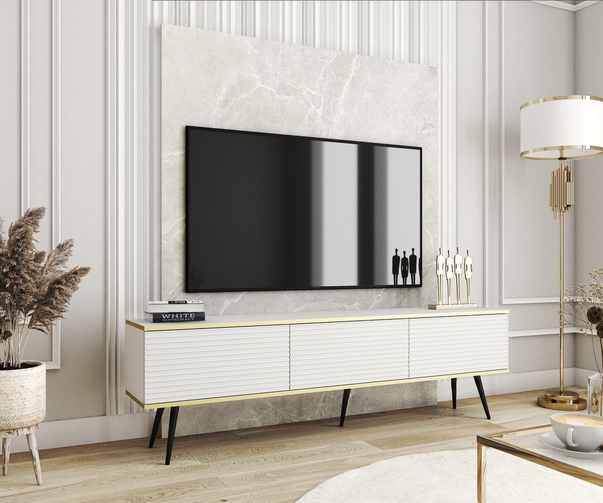 TV-BOARD FORNO (Weiß, Rillenfront, Goldene Details, 3 Klapptüren, schwarze Metallfüße, 175 cm) - Schwarz/Weiß, Holz/Holzwerkstoff (175/53/32cm) - Ravio