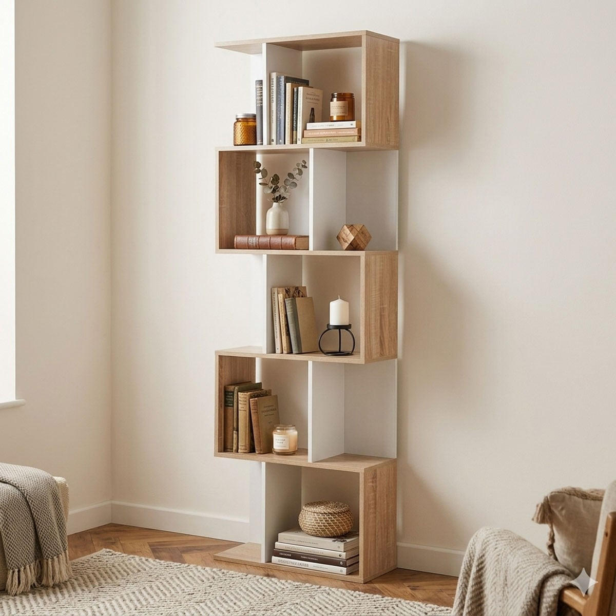 BÜCHERREGAL mit mehreren Fächern H180 cm - Dekor Holz und Weiß - Eschefarben, Holzwerkstoff (24/180/29cm) - Calicosy