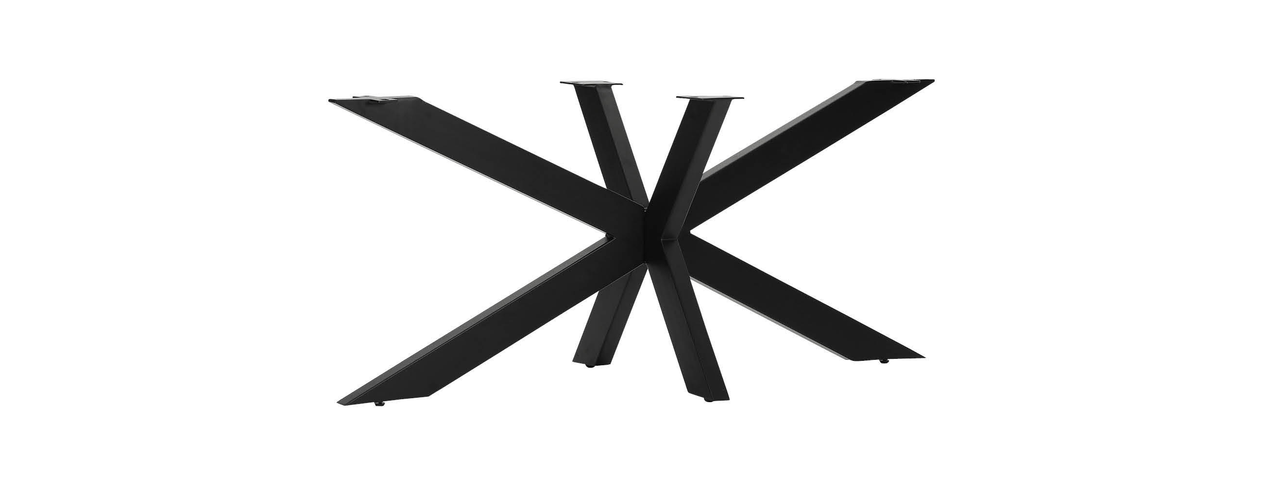 Schwarzes Metall-Tischgestell in Sternform auf weißem Hintergrund.