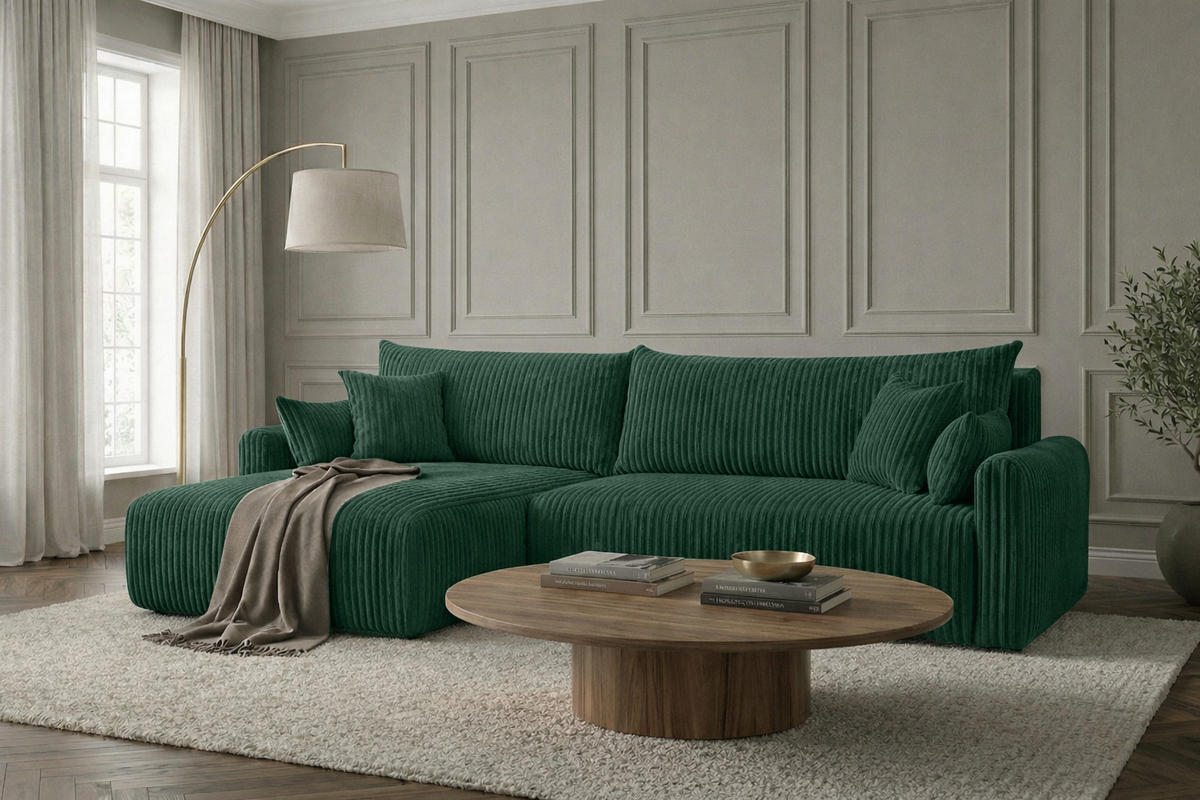 ECKSOFA Mit Schlaffunktion, Cordstoff Tilia, Grün, Links, JAPANDI - Grün, Holz (262/145cm) - Kaiser Möbel