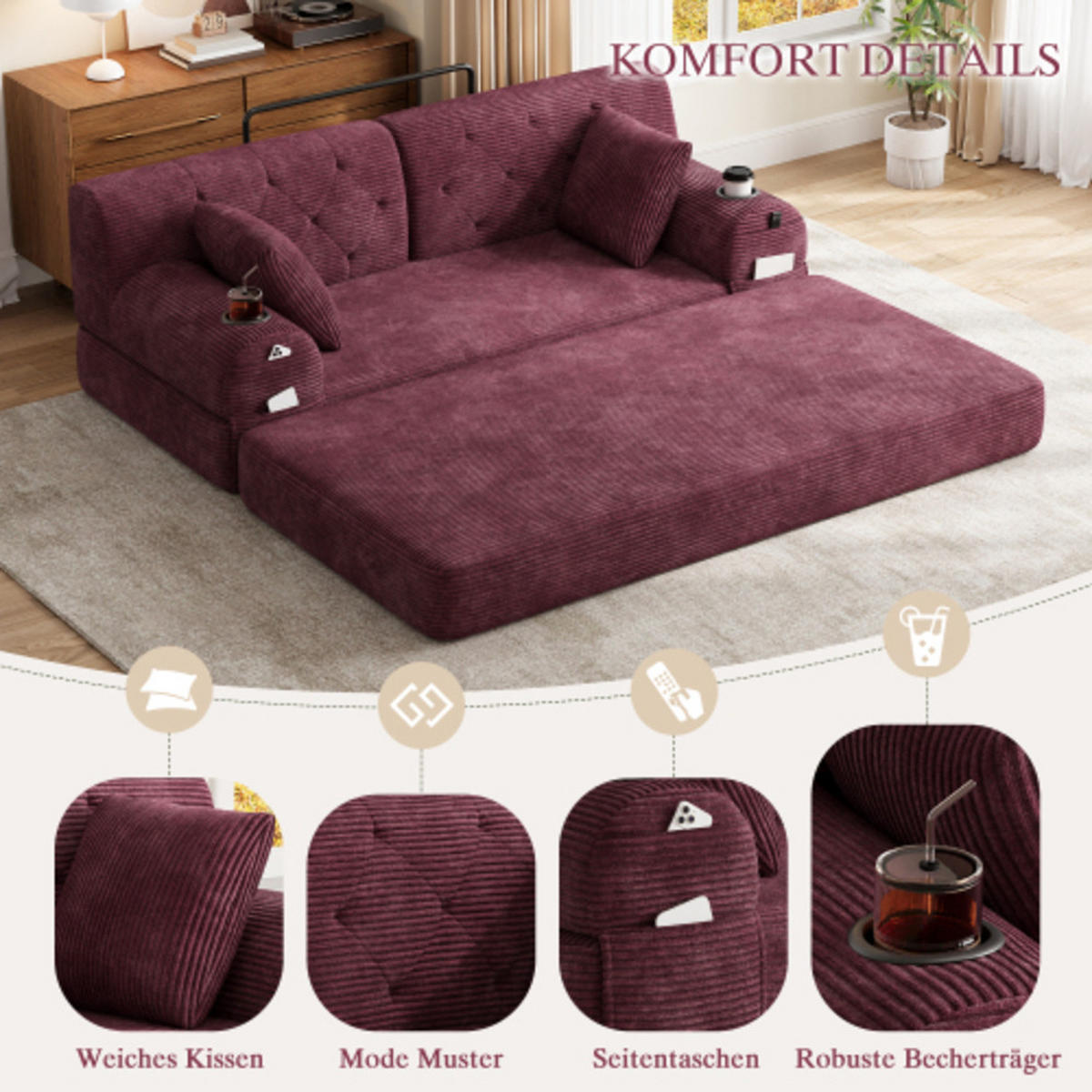 SCHLAFSOFA mit Metallrahmen weinrot 168×80×81 cm aus Cordstoff - Weinrot, Textil (80/81/168cm) - Luhomfu