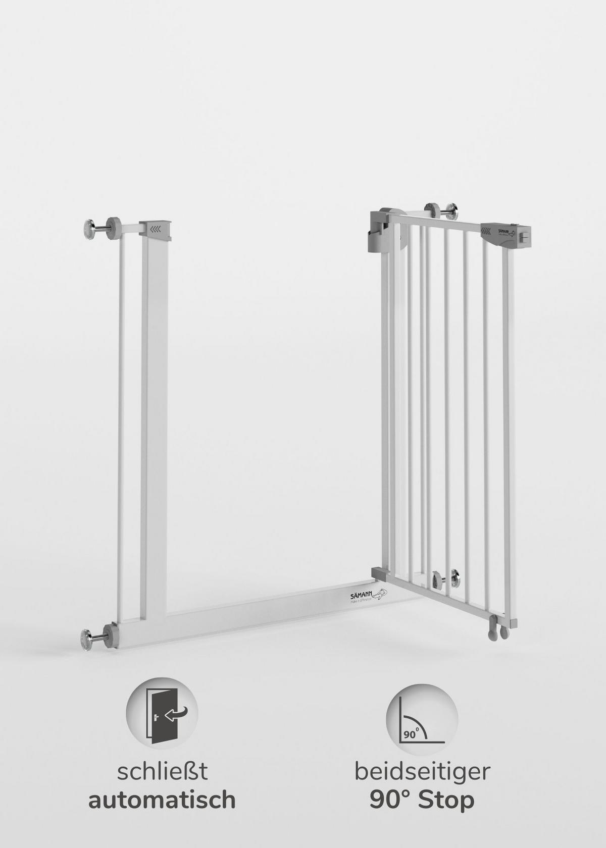 TÜRSCHUTZGITTER & Treppenschutz mit 4x Elefantenfuß, Tür mit 90° Stop, ohne Bohren 88-99 cm - Weiß, Metall (99/5cm) - Sämann – make a difference.