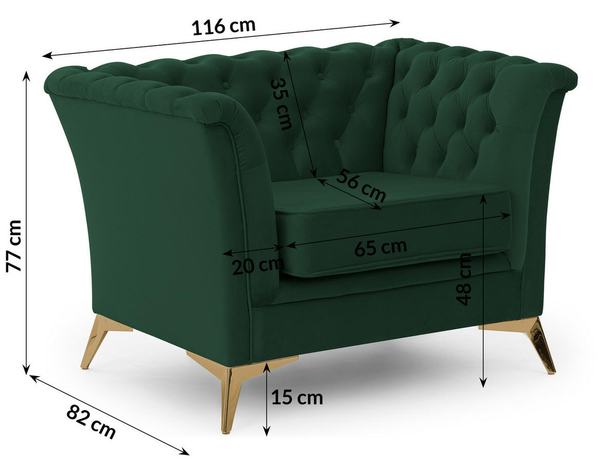 SITZGARNITUR 3+2+1 Chesterfield Whitby Flaschengrün Samt mit goldenen Füßen - Dunkelgrün/Goldfarben, Holz/Textil (237/78/82cm) - S-Style Möbel