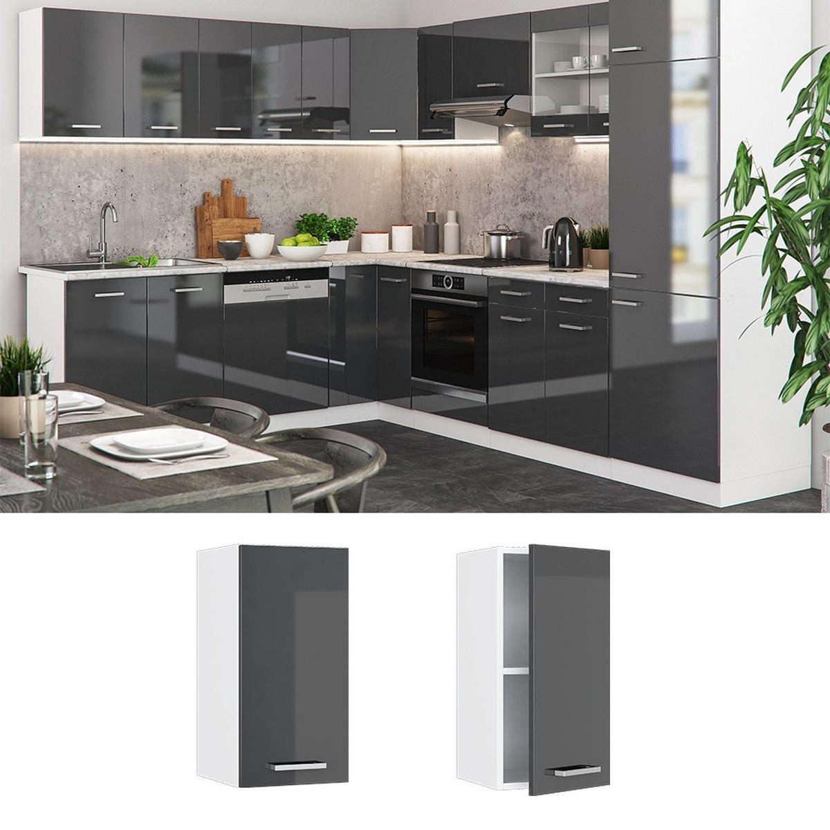 HÄNGESCHRANK R-Line Anthrazit Hochglanz 30 cm - Schwarz Hochglanz/Weiß, Holzwerkstoff (30/60/31cm) - Vicco